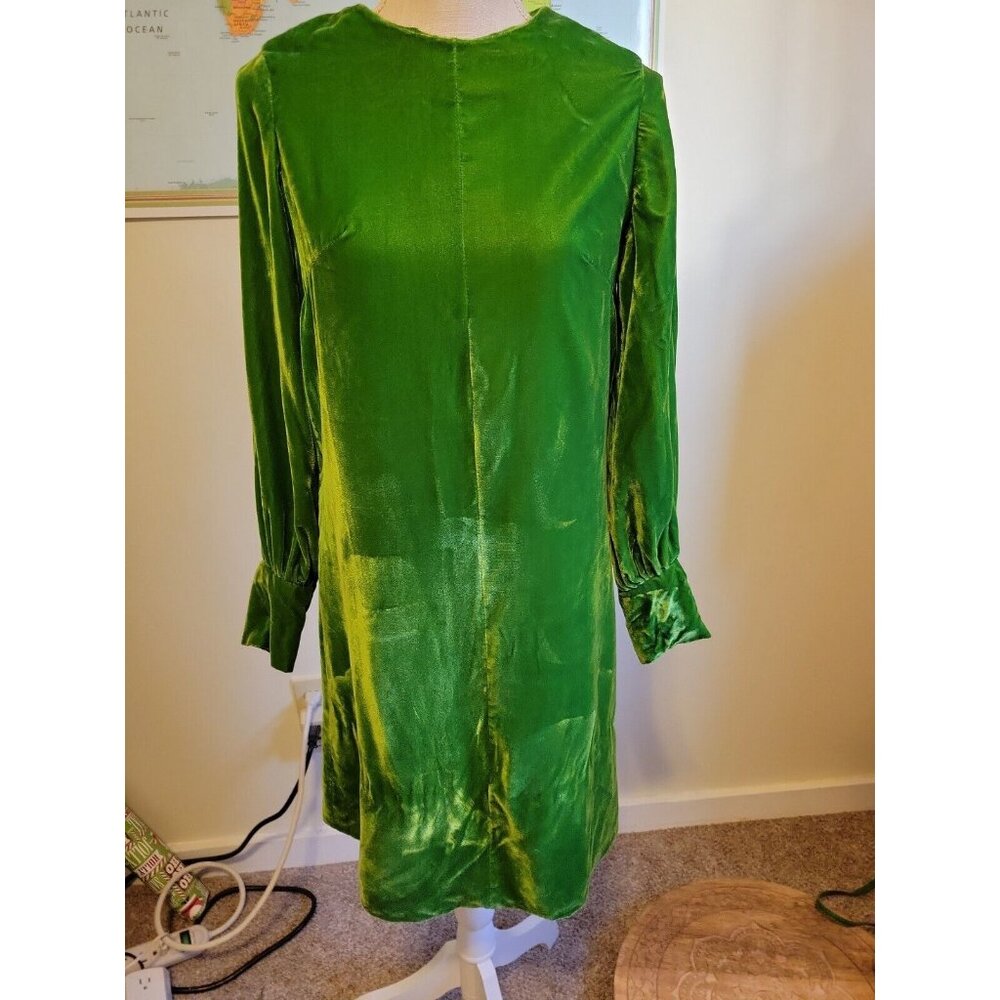 Vtg 70s Acid Green Velvet Mini Dress Handmade